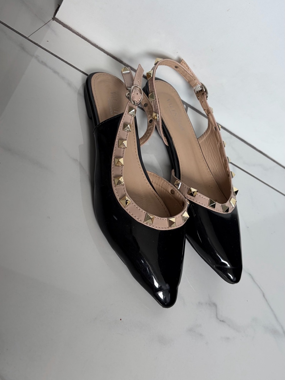 Valentino Black Patent Pointed Slingback Flats with Nude Studded Strap